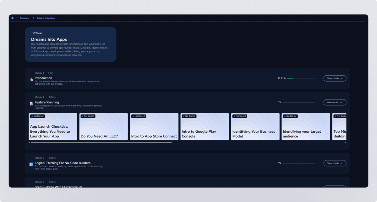 Course interface from Samuel’s Ambitious Lab portfolio case study